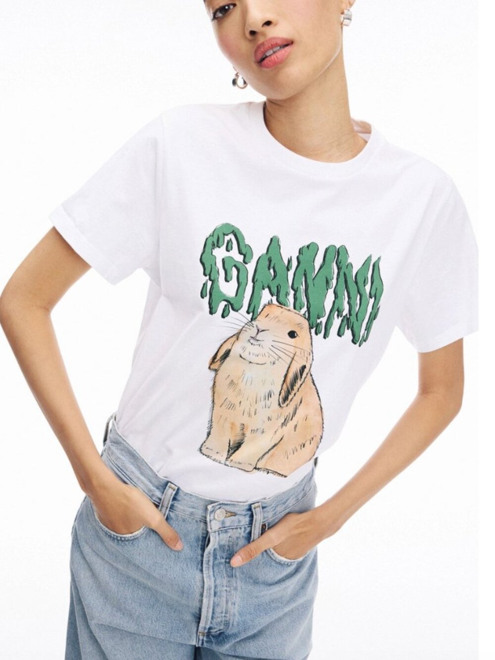 Ganni White Tee with Green Logo and Tan Bunny Graphic XL